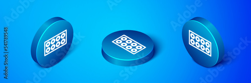 Isometric Skateboard wheel icon isolated on blue background. Skate wheel. Blue circle button. Vector