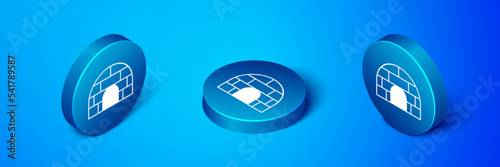 Isometric Igloo ice house icon isolated on blue background. Snow home, Eskimo dome-shaped hut winter shelter, made of blocks. Blue circle button. Vector