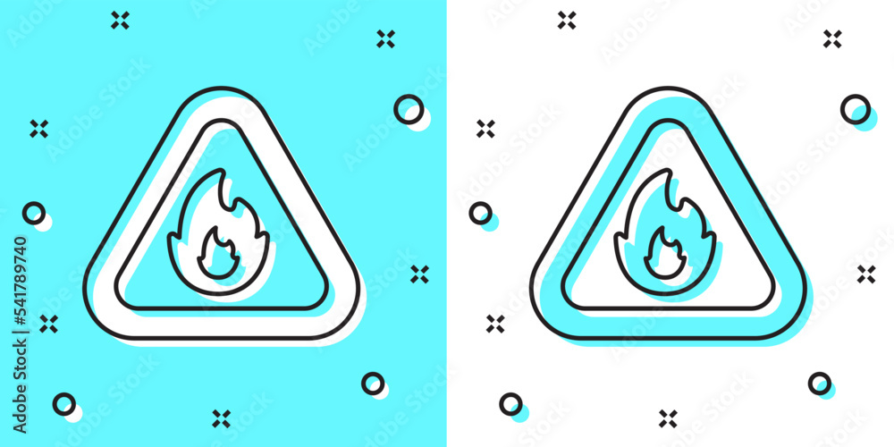 Black line Fire flame in triangle icon isolated on green and white background. Warning sign of flammable product. Random dynamic shapes. Vector Black line Fire flame in triangle icon isolated on green and white background. Warning sign of flammable product. Random dynamic shapes. Vector