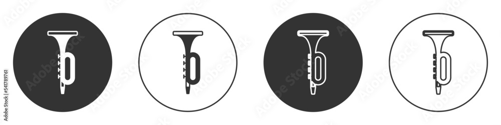 Black Trumpet icon isolated on white background. Musical instrument. Circle button. Vector Black Trumpet icon isolated on white background. Musical instrument. Circle button. Vector