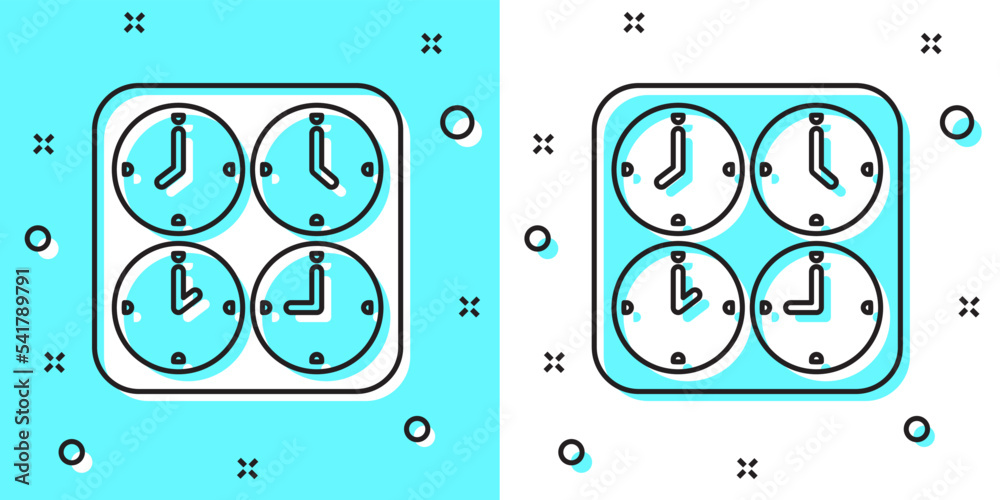 Black line Time zone clocks icon isolated on green and white background. Random dynamic shapes. Vector