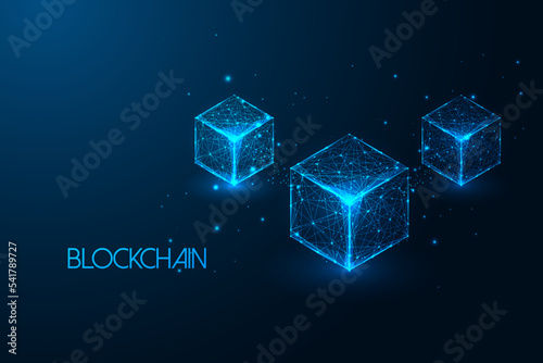 Futuristic concept of blockchain technology in glowing low polygonal style on dark blue background