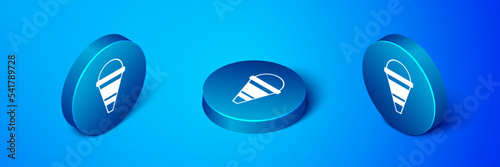 Isometric Fire cone bucket icon isolated on blue background. Metal cone bucket empty or with water for fire fighting. Blue circle button. Vector