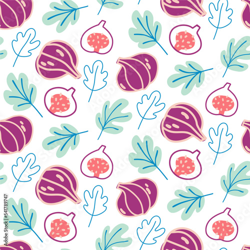 Multicolored botanical pattern with whole and cut figs and fig leaves on a white background.