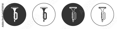 Black Trumpet icon isolated on white background. Musical instrument. Circle button. Vector