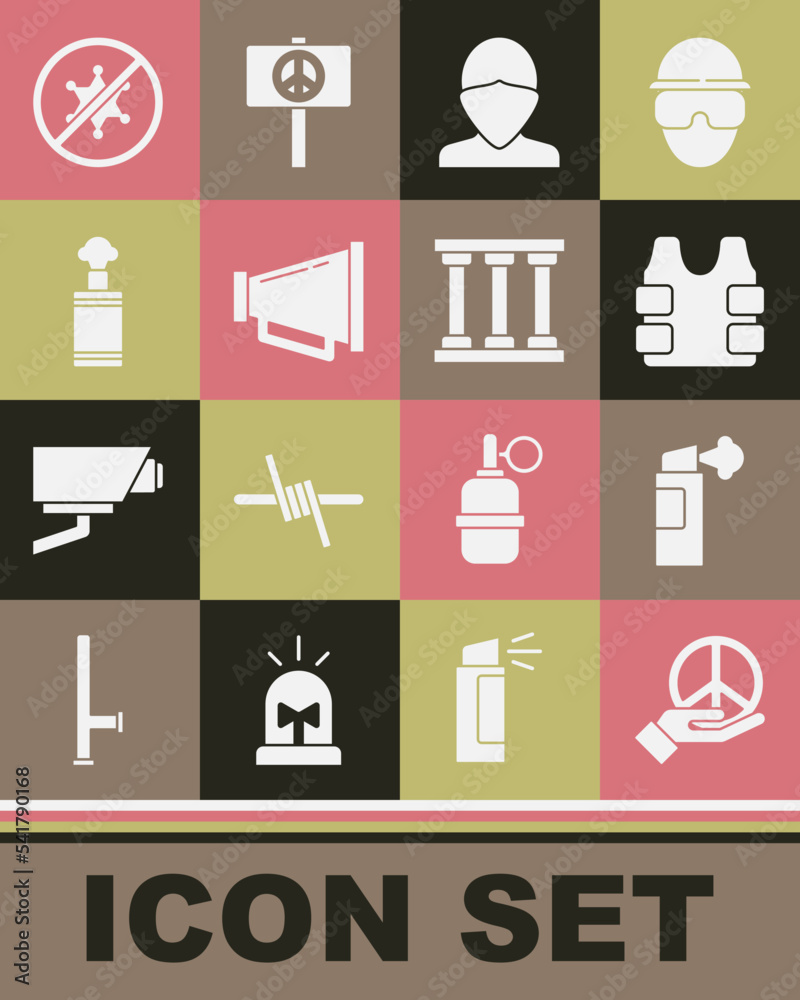 Set Peace, Pepper spray, Bulletproof vest, Vandal, Megaphone, Hand grenade, Protest and Prison window icon. Vector Set Peace, Pepper spray, Bulletproof vest, Vandal, Megaphone, Hand grenade, Protest and Prison window icon. Vector