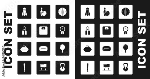 Set Basketball ball, Bathroom scales, Sport expander, Badminton shuttlecock, Medal, Bowling pin, Racket for playing table tennis and Stone curling sport game icon. Vector
