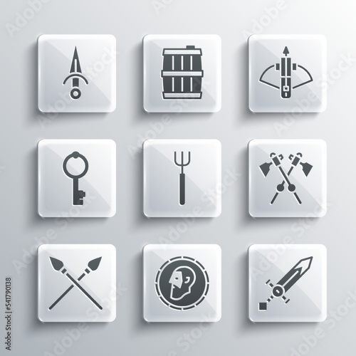 Set Ancient coin, Medieval sword, Crossed medieval axes, Garden pitchfork, spears, Old key, Dagger and Battle crossbow with arrow icon. Vector