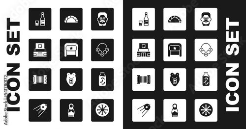 Set Joseph Stalin, Ushanka, Mausoleum of Lenin, Bottle vodka with glass, Russian bagels, Dumpling, Pickled cucumbers jar and Accordion icon. Vector