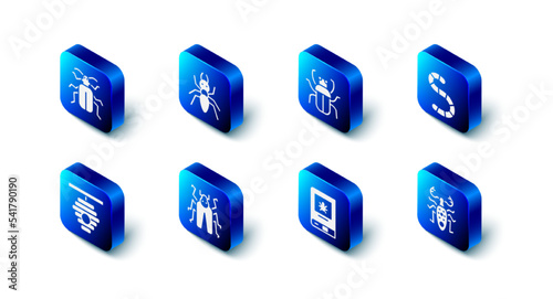 Set Ant, Stink bug, Worm, Beetle deer, Book about insect, Hive for bees and Chafer beetle icon. Vector