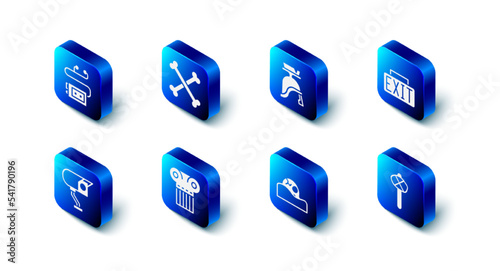 Set Crossed human bones, Roman army helmet, Exit sign, Stone age hammer, Human skull, Ancient column, Security camera and Museum audio guide icon. Vector