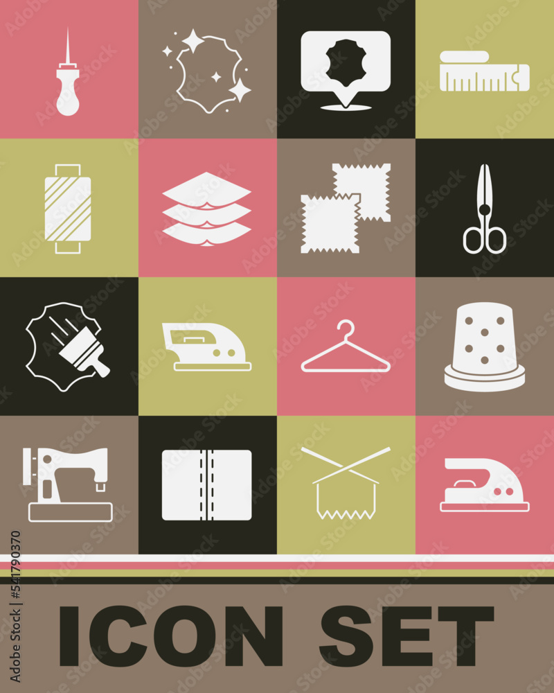 Set Electric iron, Thimble for sewing, Scissors, Leather, Layers clothing textile, Sewing thread spool, Awl tool and Textile fabric roll icon. Vector Set Electric iron, Thimble for sewing, Scissors, Leather, Layers clothing textile, Sewing thread spool, Awl tool and Textile fabric roll icon. Vector