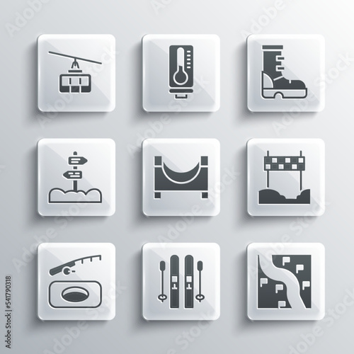 Set Ski and sticks, Route location, Ribbon in finishing line, Skate park, Winter fishing, Road traffic signpost, Cable car and Waterproof rubber boot icon. Vector
