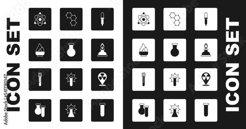 Set Pipette, Test tube and flask, Alcohol or spirit burner, Atom, Chemical formula, Radioactive in location and icon. Vector