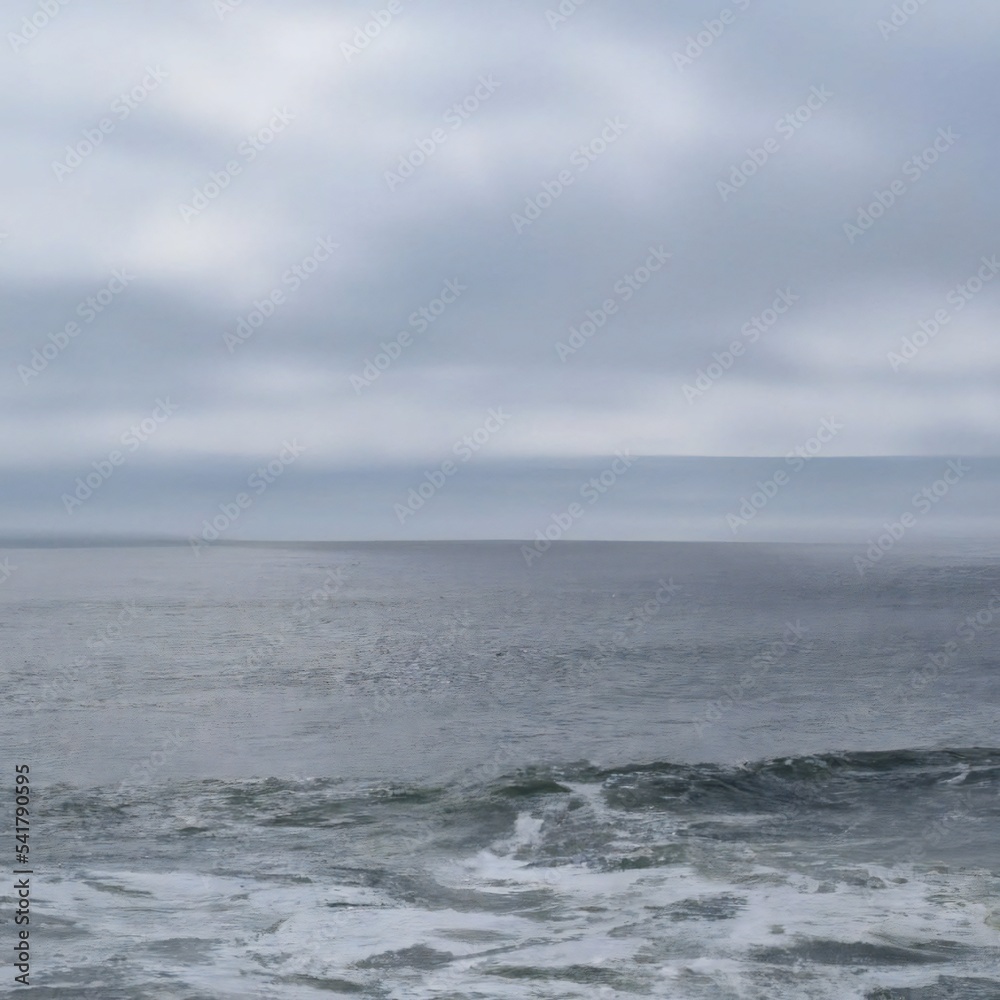 Ocean horizon line on a grey misty day showing rough sea waves and seafoam