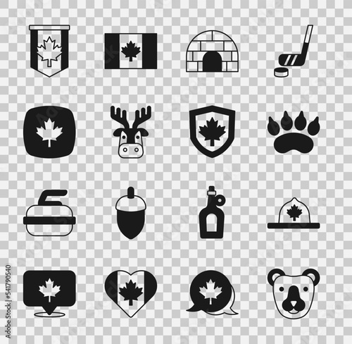 Set Bear head, Canadian ranger hat, paw footprint, Igloo ice house, Deer with antlers, maple leaf, Pennant flag of Canada and on shield icon. Vector