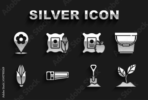 Set Hand saw, Bucket, Plant, Shovel in the ground, Corn, Apple sack, Location with flower and icon. Vector