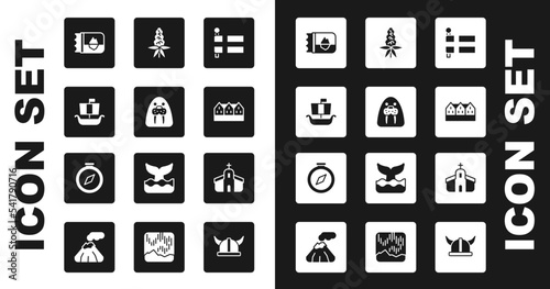 Set Flag of Iceland, Walrus animal, Viking ship Drakkar, Ticket, Norwegian wooden house, Lupine flower, Church building and Compass icon. Vector