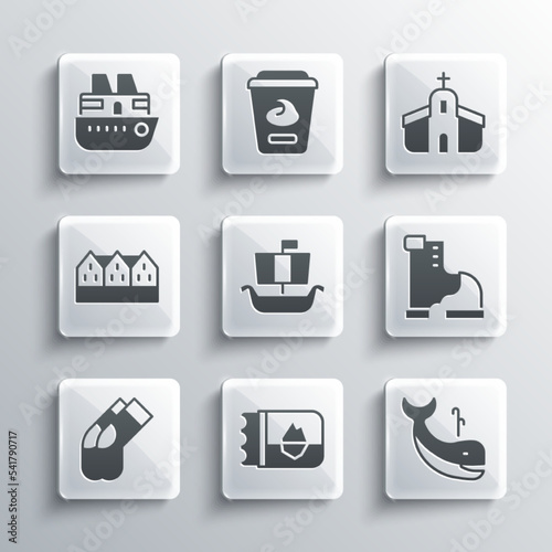 Set Ticket in Iceland, Whale, Winter warm boot, Viking ship Drakkar, Socks, Norwegian wooden house, Cruise and Church building icon. Vector