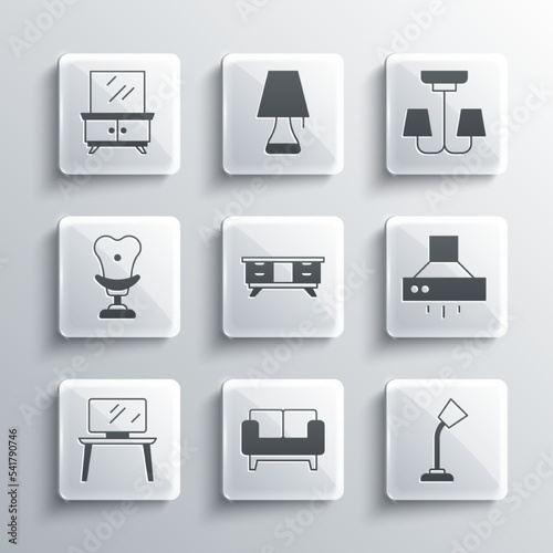 Set Sofa, Table lamp, Kitchen extractor fan, TV table stand, Armchair, Dressing and Chandelier icon. Vector