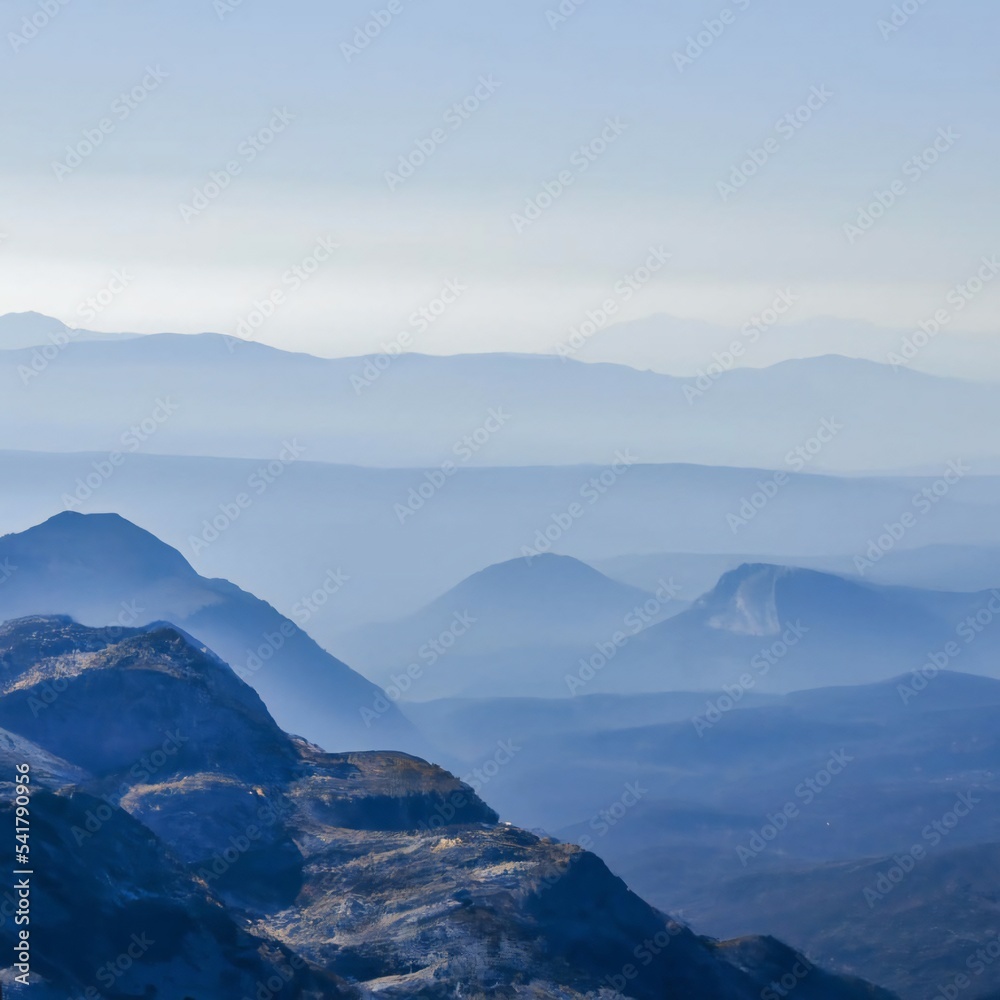 Mountain range landscape with blue silhouetted mountains and clear peak in foreground on a misty, foggy morning