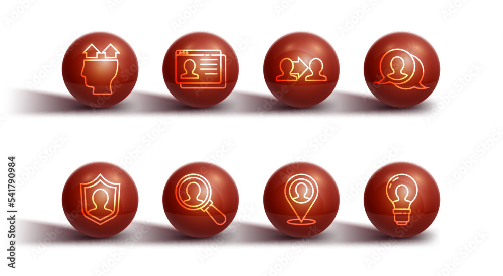 Set line User of man, protection, Speech bubble chat, Location with person, Magnifying glass for search, Resume, Head lamp bulb and Project team base icon. Vector Set line User of man, protection, Speech bubble chat, Location with person, Magnifying glass for search, Resume, Head lamp bulb and Project team base icon. Vector