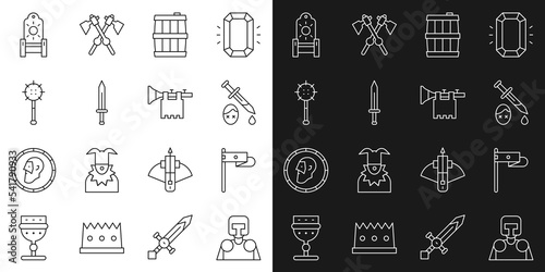 Set line Medieval knight, flag, Sword with blood, Wooden barrel, sword, chained mace ball, throne and Trumpet icon. Vector