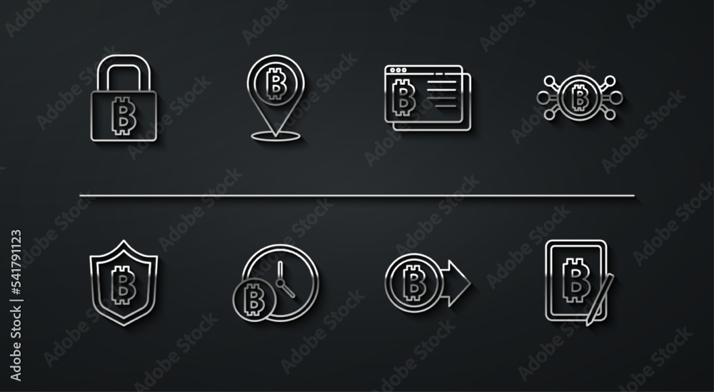 Set line Lock with bitcoin, Shield, Bitcoin circuit, clock, Mining from tablet and browser icon. Vector Set line Lock with bitcoin, Shield, Bitcoin circuit, clock, Mining from tablet and browser icon. Vector