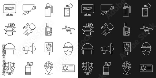 Set line Police badge  Special forces soldier  Barbed wire  Hand grenade  Flying stone  Protest and Walkie talkie icon. Vector