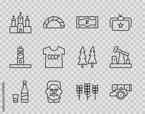 Set line Bottle of vodka with glass, Cannon, Russian ruble banknote, Joseph Stalin, Church building, USSR t-shirt, Wheat and Oil pump or pump jack icon. Vector