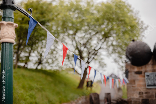 Durham UK: 7th June 2022: Tanfield Railway Station during the Queens Jubilee red white and blue bunting