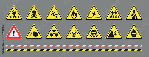 Obraz na plátně Danger symbols & icons with choking, drowning, stealing, electrocution, gass and