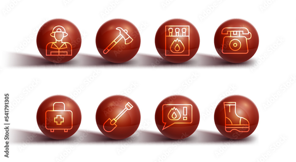 Set line Firefighter, First aid kit, Telephone call 911, shovel, axe, boots and Matchbox and matches icon. Vector Set line Firefighter, First aid kit, Telephone call 911, shovel, axe, boots and Matchbox and matches icon. Vector