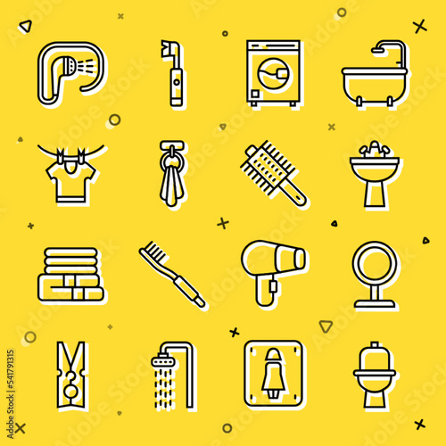 Set line Toilet bowl, Round makeup mirror, Washbasin with water tap, Washer, Towel on hanger, Drying clothes, Shower and Hairbrush icon. Vector