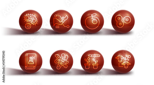 Set line Virus, Genetic engineering book, Cell division, Pipette and plant, Prosthesis hand, Cloning and Genetically modified apple icon. Vector