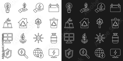 Set line Lightning bolt, Propane gas tank, Recycle bin with recycle, Eco House recycling, Factory, bulb leaf and Wind turbine icon. Vector