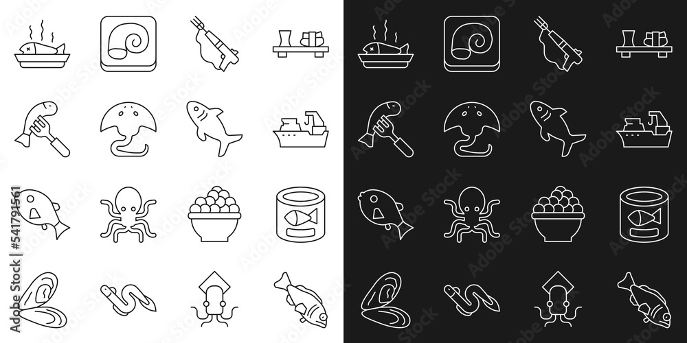 Set line Fish, Canned fish, Fishing boat, harpoon, Stingray, Served plate, and Shark icon. Vector