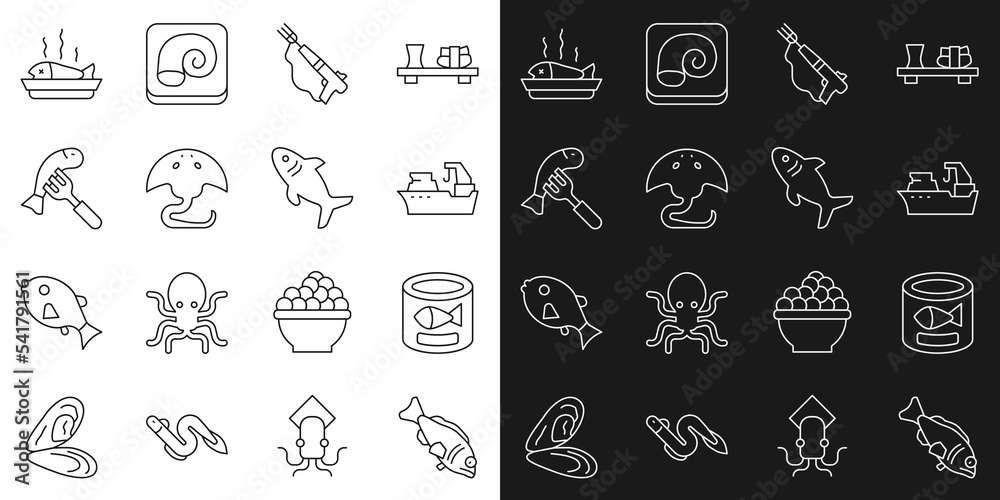 Set line Fish, Canned fish, Fishing boat, harpoon, Stingray, Served plate, and Shark icon. Vector Set line Fish, Canned fish, Fishing boat, harpoon, Stingray, Served plate, and Shark icon. Vector