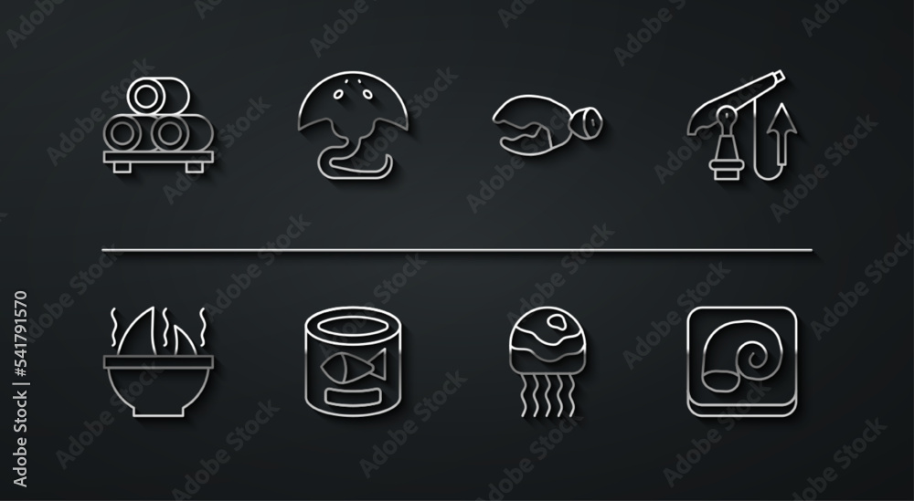 Set line Sushi on cutting board, Shark fin soup, Fishing harpoon, Jellyfish, Canned, Stingray, Octopus plate and Lobster or crab claw icon. Vector