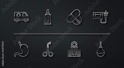 Set line Emergency car, Human stomach, Ultrasound, Medical hospital building, scissors, Ointment cream tube medicine, Enema and Medicine pill tablet icon. Vector