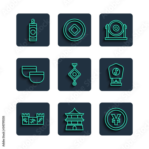 Set line Great wall of China, Chinese house, Yuan currency, Gong, paper lantern, tea ceremony, Firework and icon. Vector