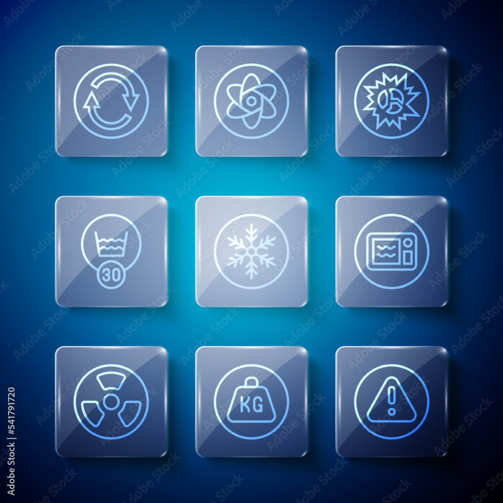 Set line Radioactive, Weight, Exclamation mark in triangle, Bomb explosion, Snowflake, Temperature wash, Recycle symbol and Microwave oven icon. Vector