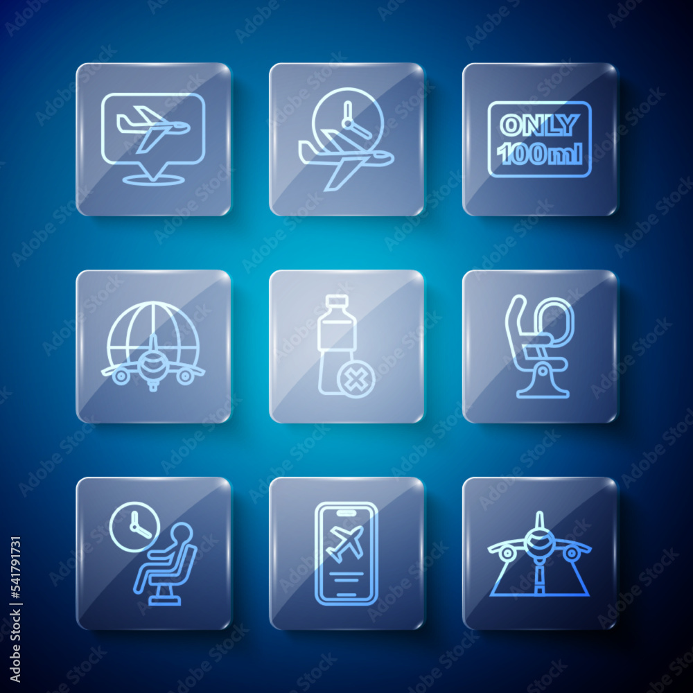 Set line Human waiting in airport terminal, Mobile with ticket, Plane, Liquids carry-on baggage, No water bottle, Globe flying plane, and Airplane seat icon. Vector Set line Human waiting in airport terminal, Mobile with ticket, Plane, Liquids carry-on baggage, No water bottle, Globe flying plane, and Airplane seat icon. Vector
