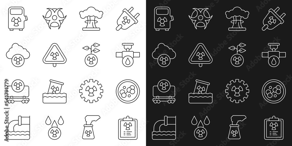 Set line Radiation warning document, Industry pipe and valve, Nuclear explosion, Triangle with radiation, Acid rain radioactive cloud, Electric car charging station and Radioactive icon. Vector Set line Radiation warning document, Industry pipe and valve, Nuclear explosion, Triangle with radiation, Acid rain radioactive cloud, Electric car charging station and Radioactive icon. Vector
