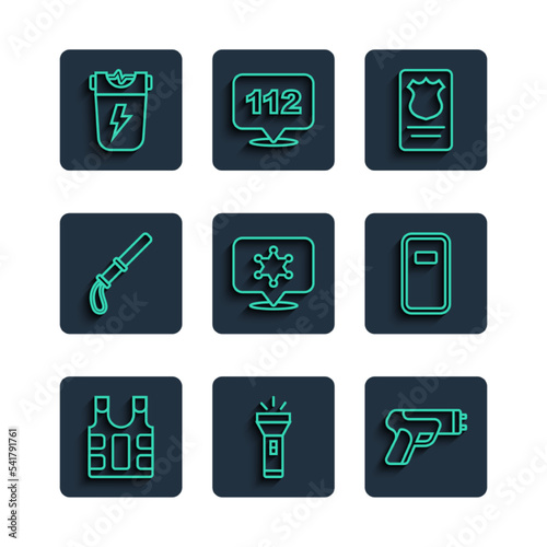 Set line Bulletproof vest, Flashlight, Police electric shocker, badge with id case, Hexagram sheriff, rubber baton, and assault shield icon. Vector