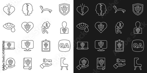 Set line Armchair, Question and Answer, Psychology, Psi, Tear cry eye, Broken heart or divorce and Man graves funeral sorrow icon. Vector