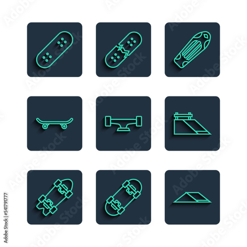 Set line Longboard or skateboard, Skateboard, park, deck, wheel, and icon. Vector