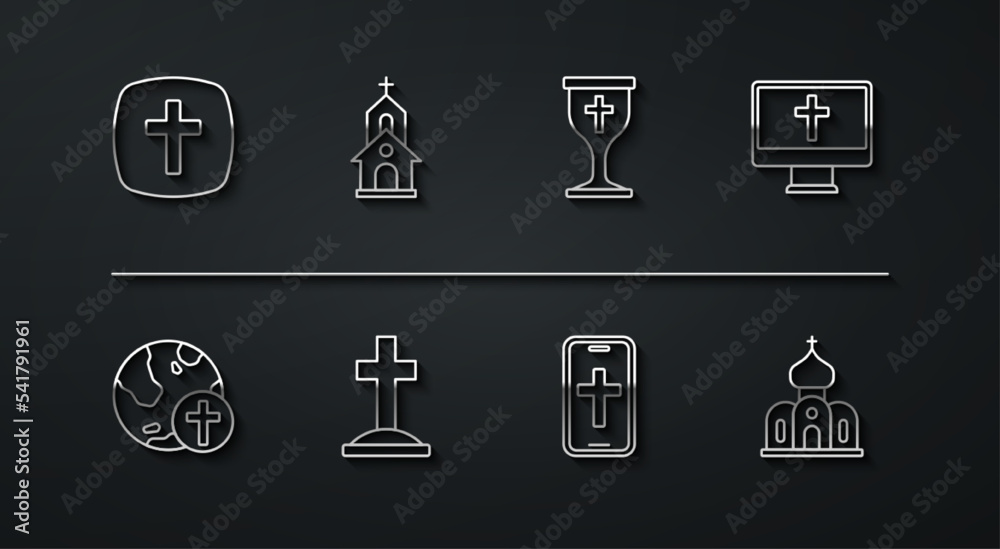 Set line Christian cross, with globe, on monitor, phone, Grave, Church building, and chalice icon. Vector Set line Christian cross, with globe, on monitor, phone, Grave, Church building, and chalice icon. Vector