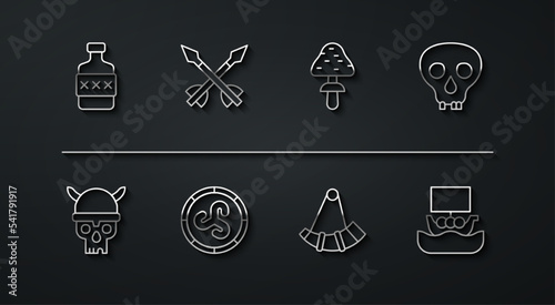 Set line Whiskey bottle, Skull with viking helmet, Hunting horn, Shield, Medieval arrows, Viking ship Drakkar and Mushroom icon. Vector
