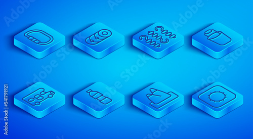 Set line Carabiner, Blanket roll, Grilled shish kebab on skewer, Bottle of water, Mountains, Bucket, RV motorhome vehicle and Sun icon. Vector